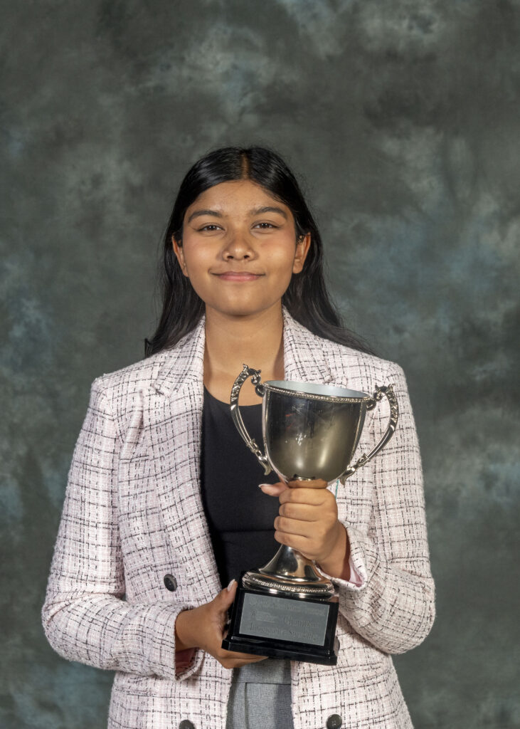 Veda Bharath from Chaboya Middle School in California<br />
Coached by Mariela Garcia-Alvarado, Salvador Tinajero, and the Advantage Communications Team<br />
