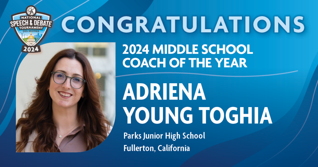The 2023 Middle School Coach of the Year is Adriena Young Toghia from Parks Junior High School in California